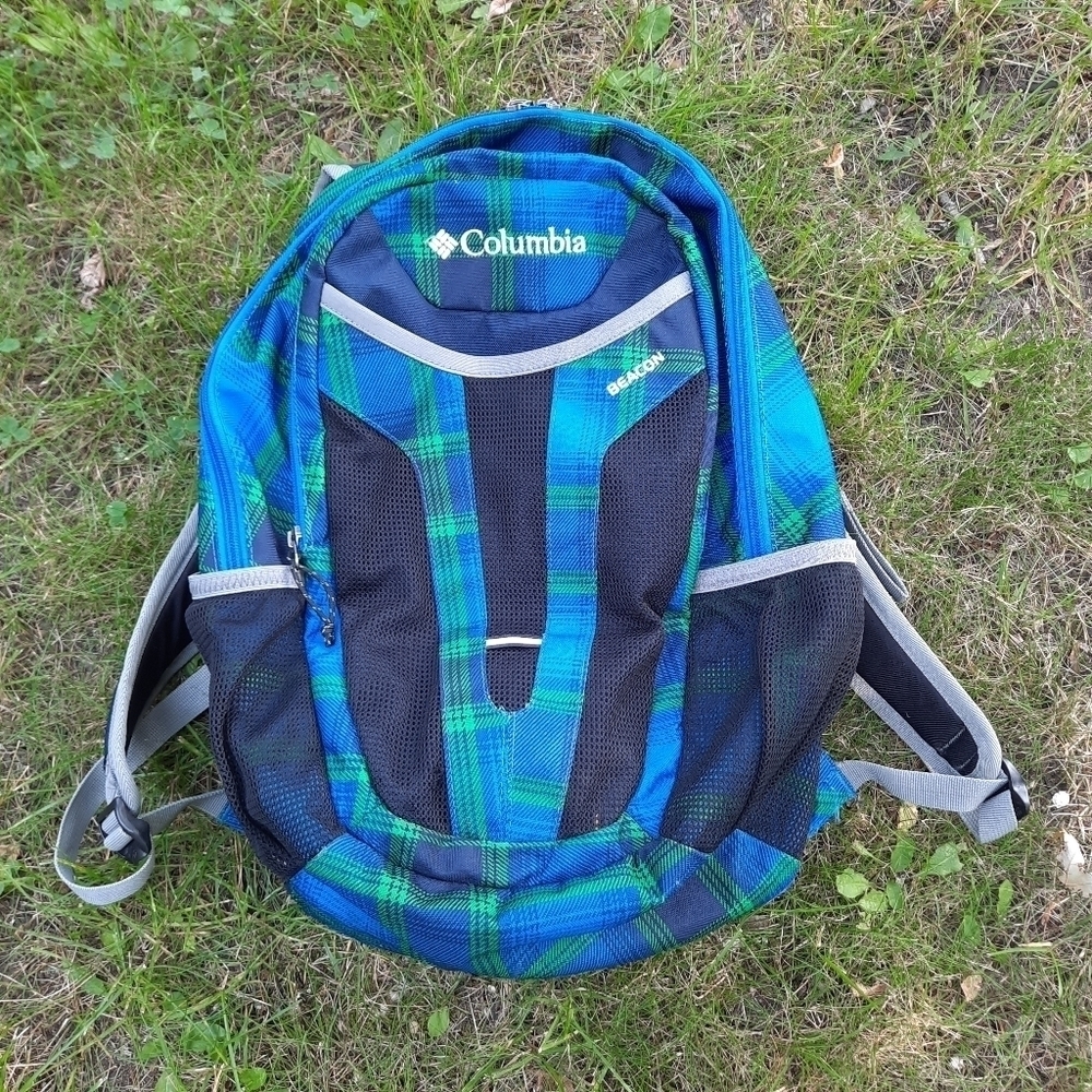 🛍 Columbia Beacon Daypack Backpack 2 water bottle pockets blue green plaid - Picture 2 of 14
